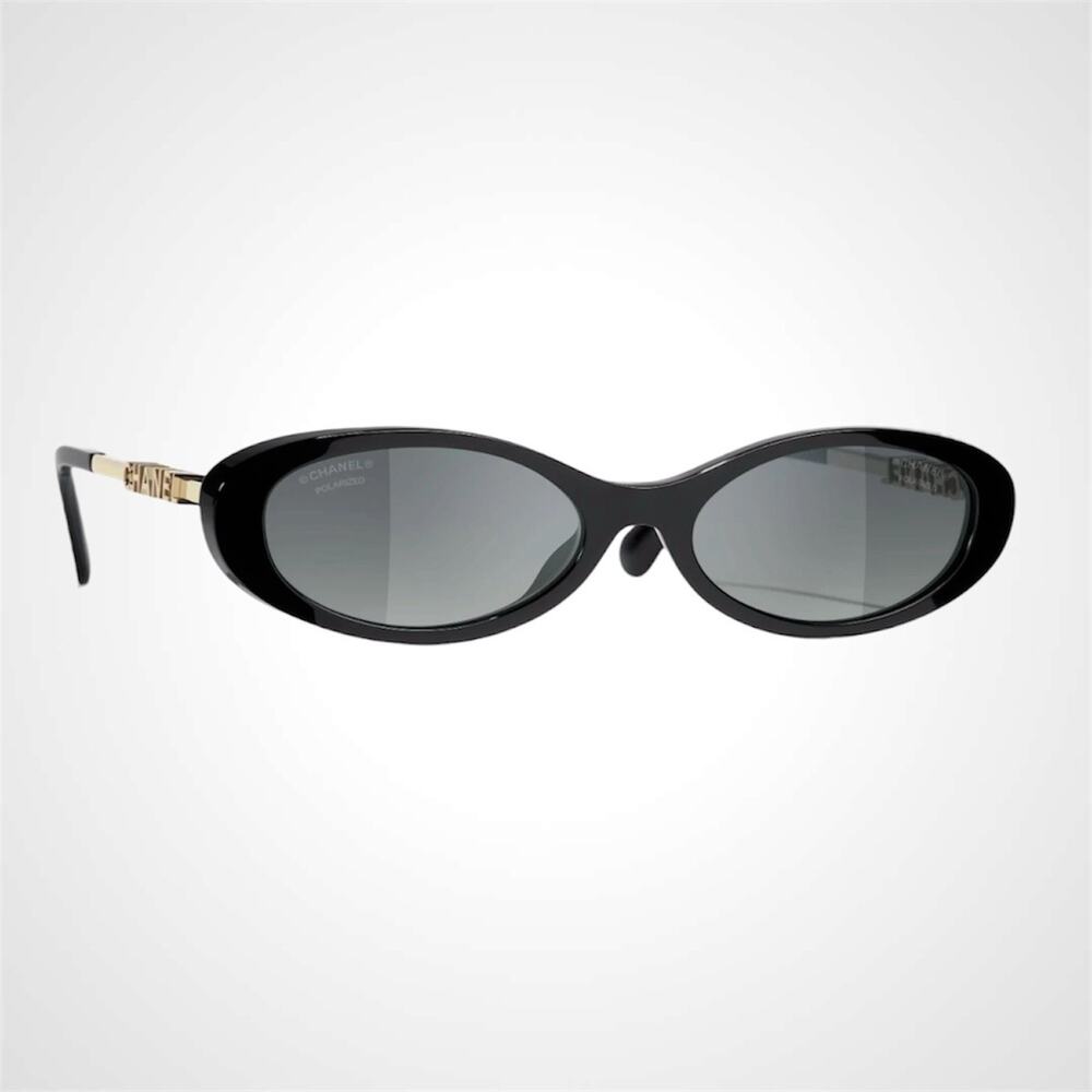 New Chanel Sunglasses Black Gold Oval Polarized Acetate Metal Cut Out Logo 54mm